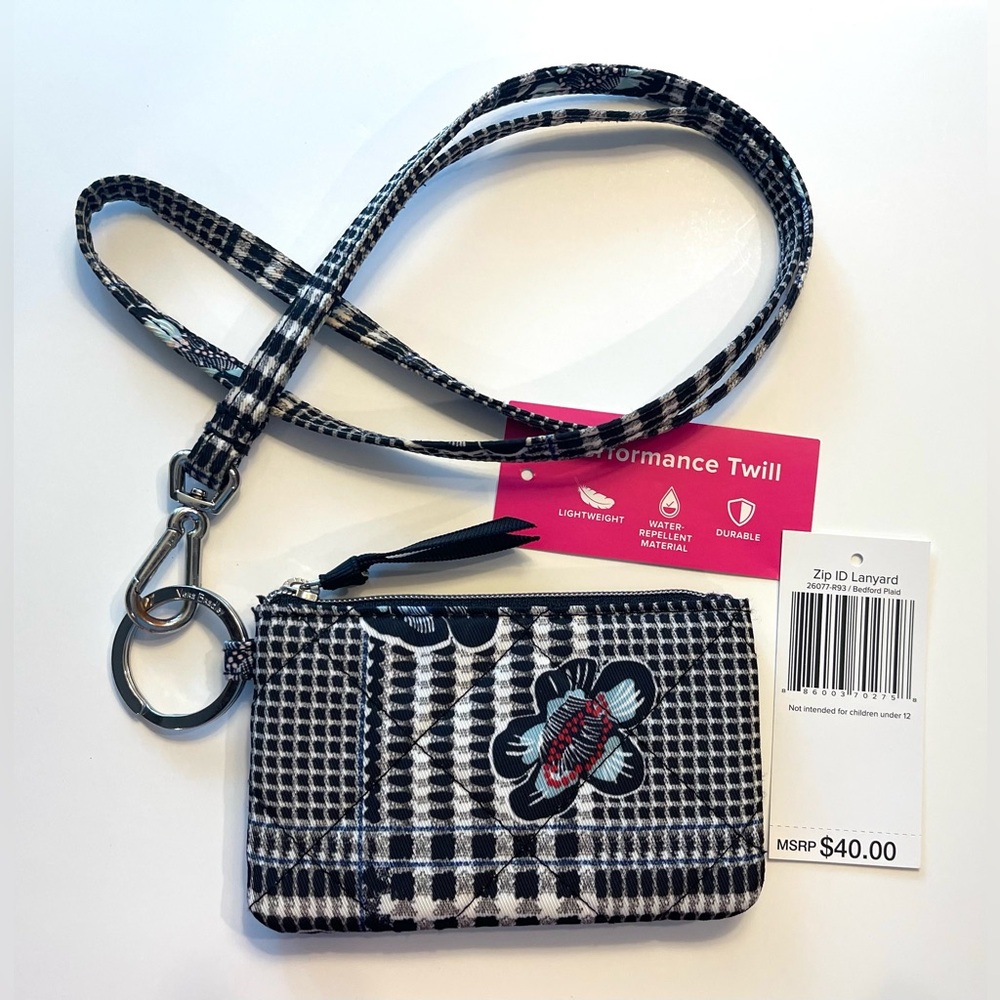 Vera Bradley Zip ID Case and Lanyard in Performance Twill Bedford Plaid EUC